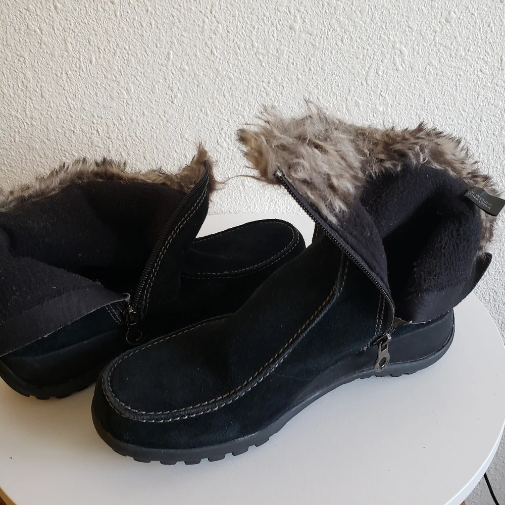 #Sporto Women Black Real Suede Upper Faux Fur Trim Ankle Zip Boots